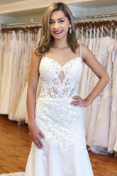 White Lace Bustier Keyhole Straps Mermaid Long Wedding Dress